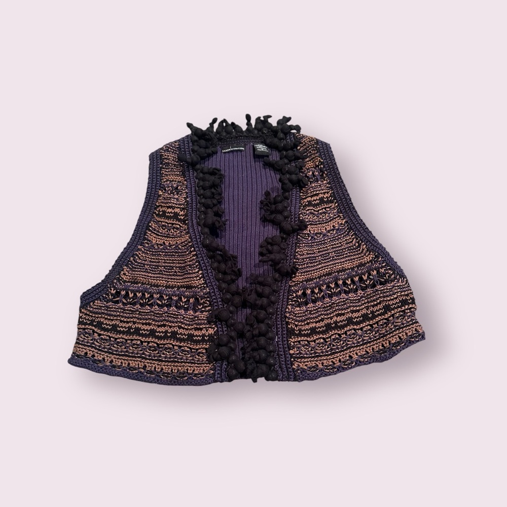 Women's MODA International Purple and Black Knit Vest Pom Pom Detail Size Med